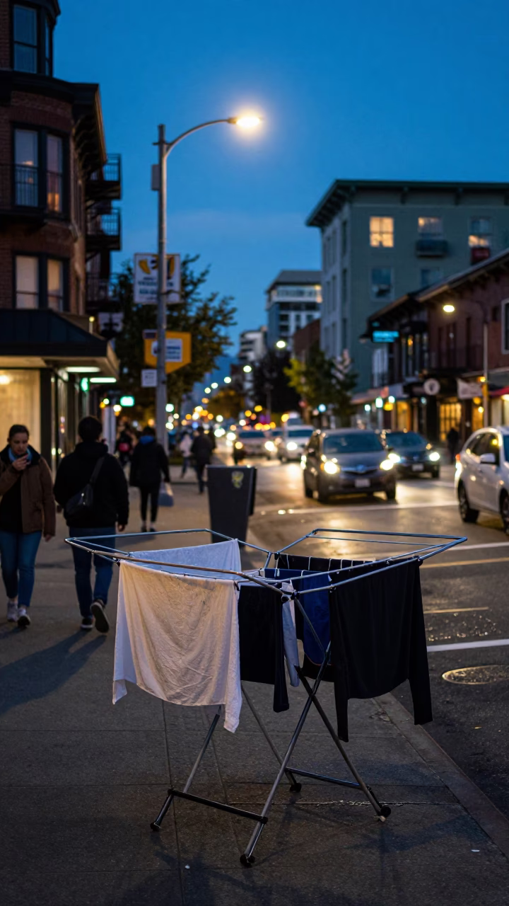 Busy Seattle Blue Hour Street Scene with Drying Rack and Urban Life in in Seattle, Washington, United States