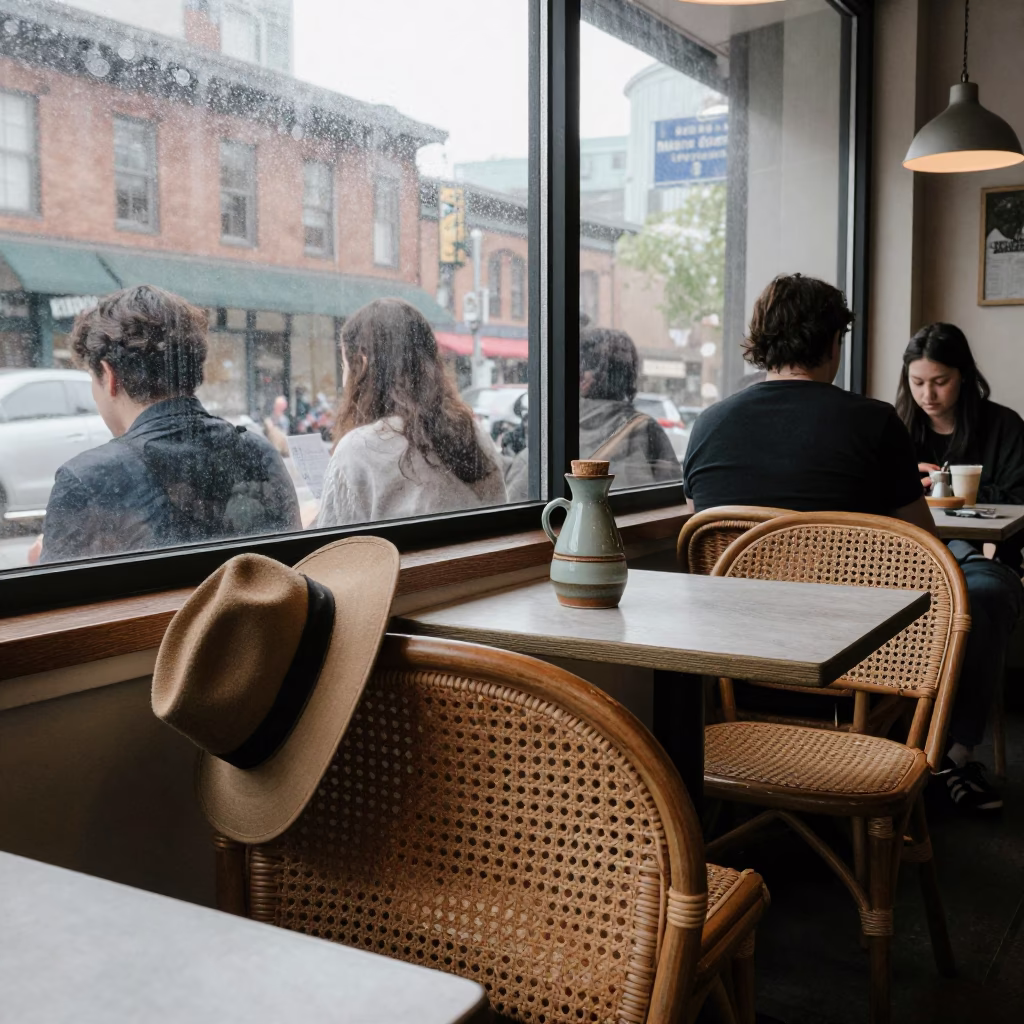 Busy Seattle Cafe Interior with Wicker Chairs and Local Patrons in in Seattle, Washington, United States