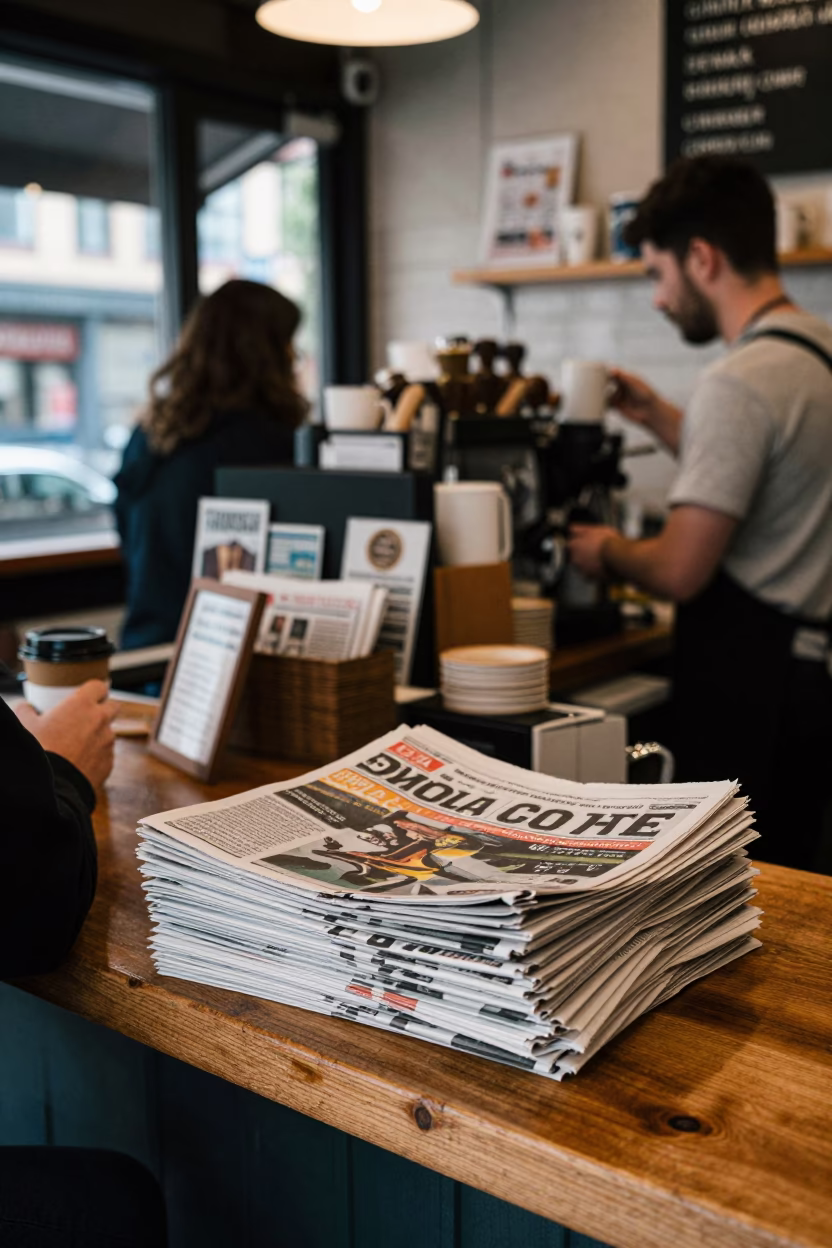 Busy Seattle Coffee Shop Counter with Newspaper Stack and Cup at Midday in in Seattle, Washington, United States