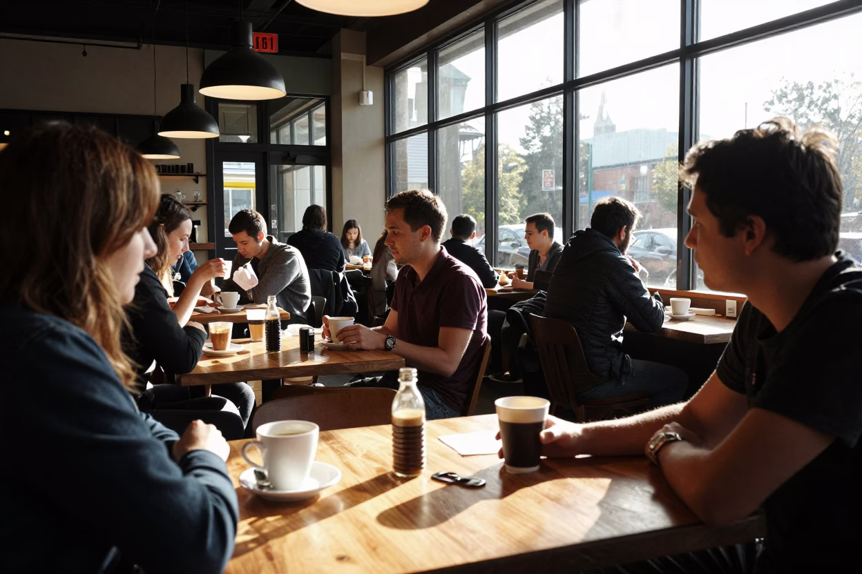 Busy Seattle Coffee Shop Interior Late Afternoon with Customers and Local Details in in Seattle, Washington, United States