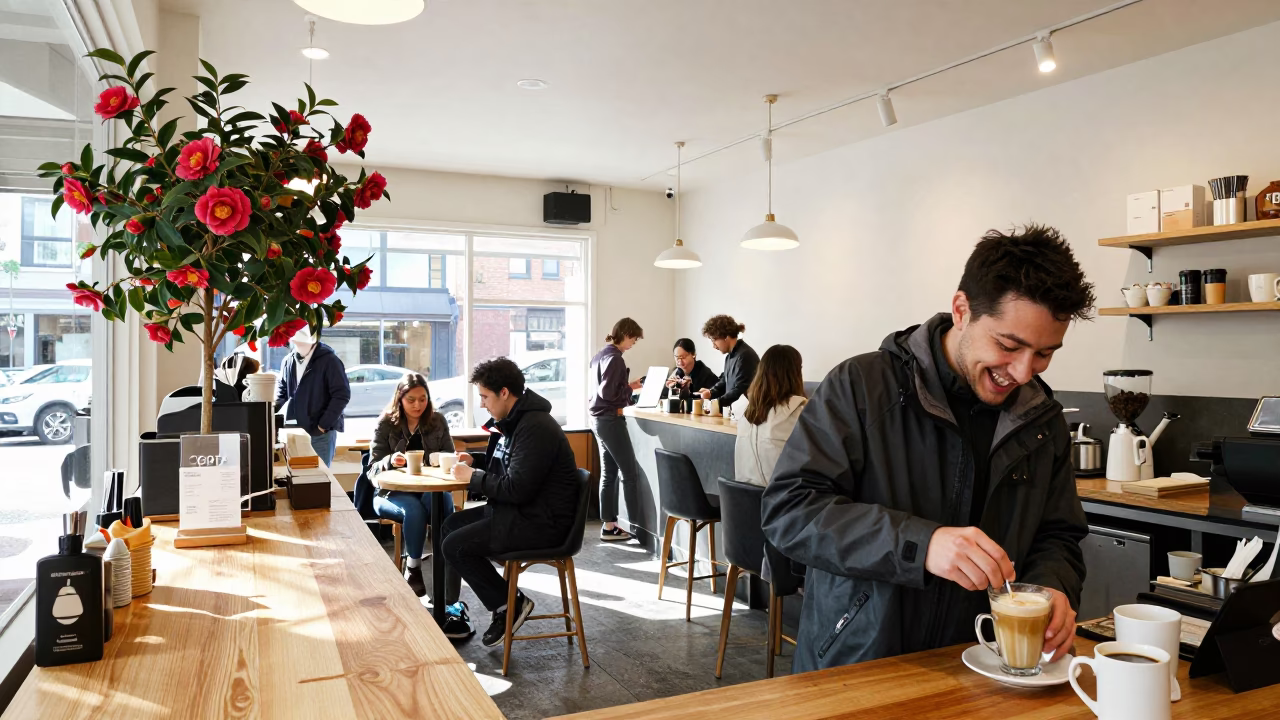 Busy Seattle Coffee Shop Interior with Camellia and Pepper Mill at Noon in in Seattle, Washington, United States