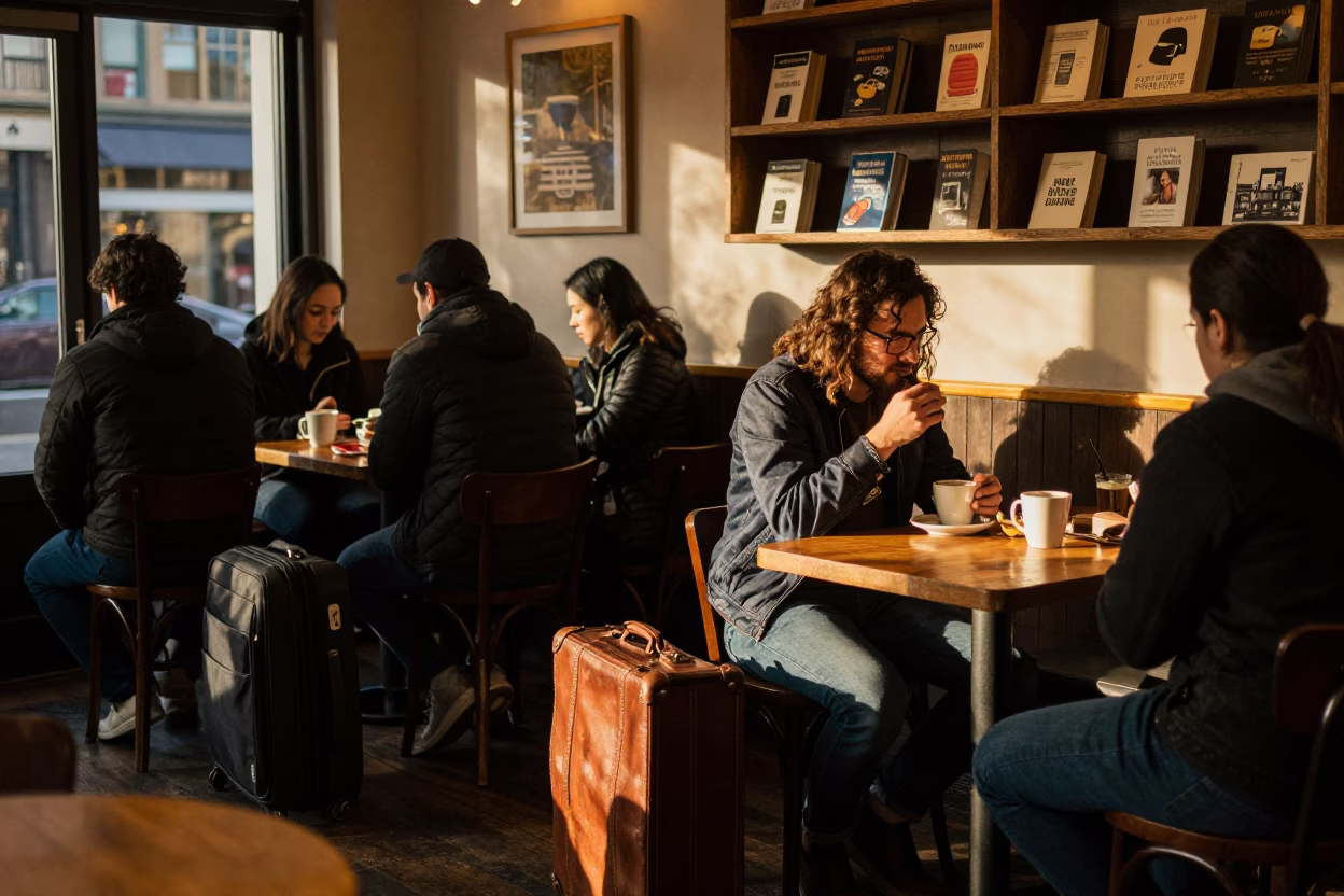 Busy Seattle Coffee Shop Interior with Suitcases and Paperbacks in Honeyed Evening Light in in Seattle, Washington, United States