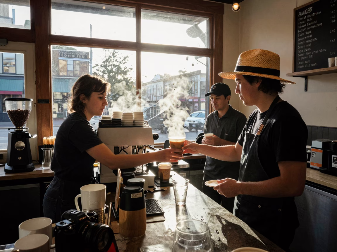 Busy Seattle Coffee Shop Morning with Straw Hat and Bottle on Counter in in Seattle, Washington, United States