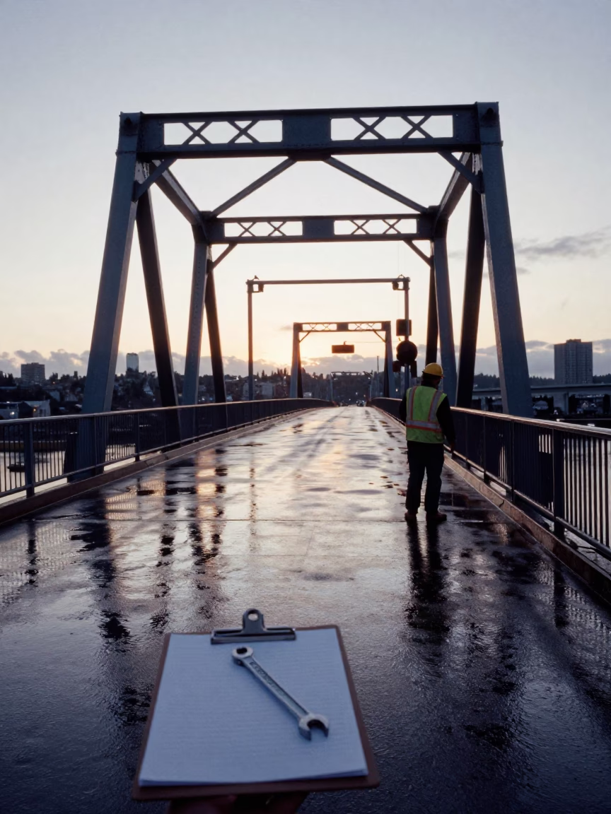 Busy Seattle Drawbridge at Dawn with Clipboard and Wrench in Foreground in in Seattle, Washington, United States