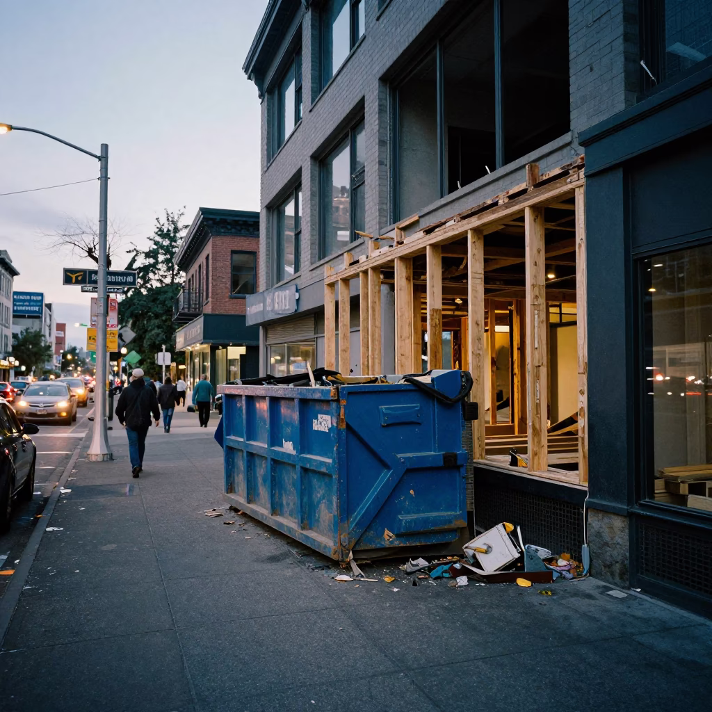 Busy Seattle Early Evening Street Scene with Demolition Dumpster and Urban Details in in Seattle, Washington, United States