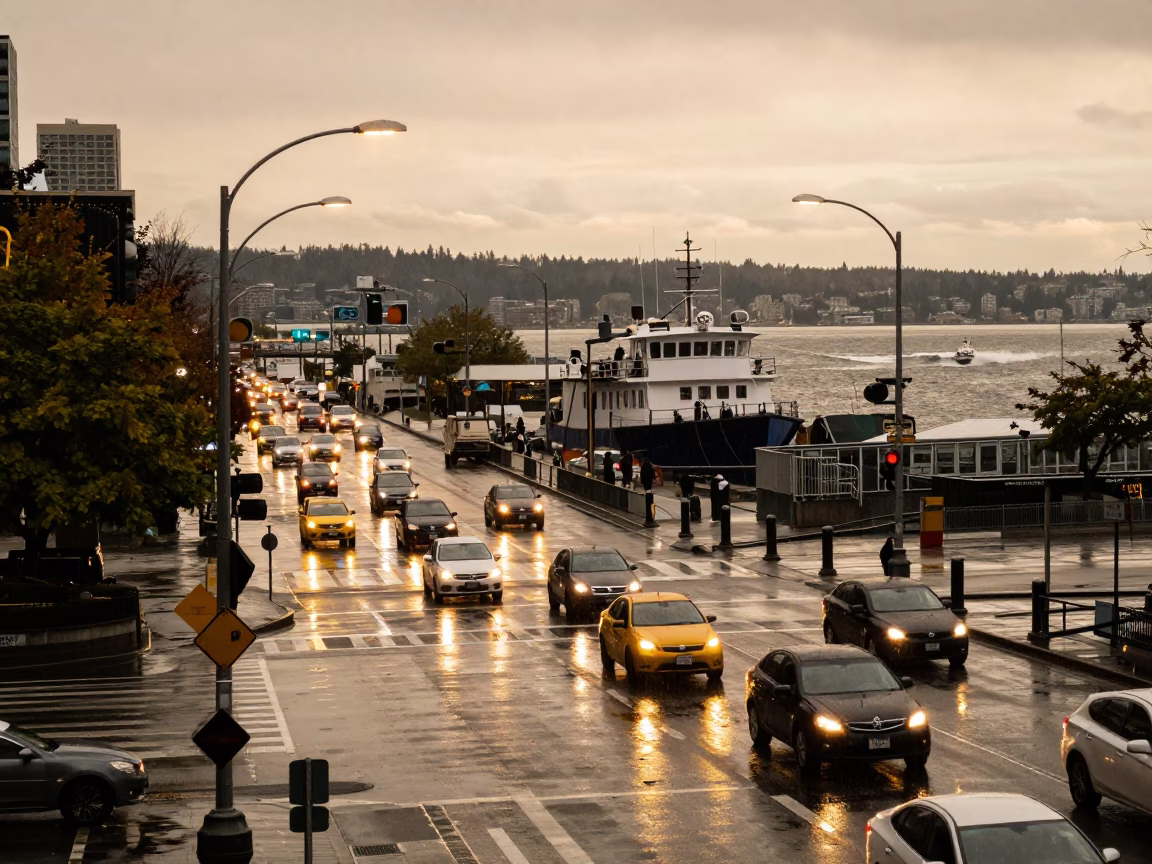 Busy Seattle Golden Hour Street Scene with Rain and Traffic in in Seattle, Washington, United States