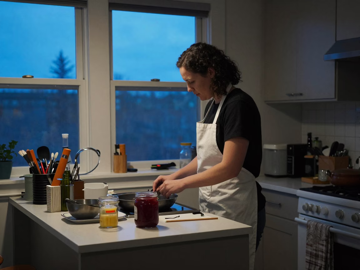 Busy Seattle Kitchen Evening with Apron and Jam Jar in Last Blue Light in in Seattle, Washington, United States
