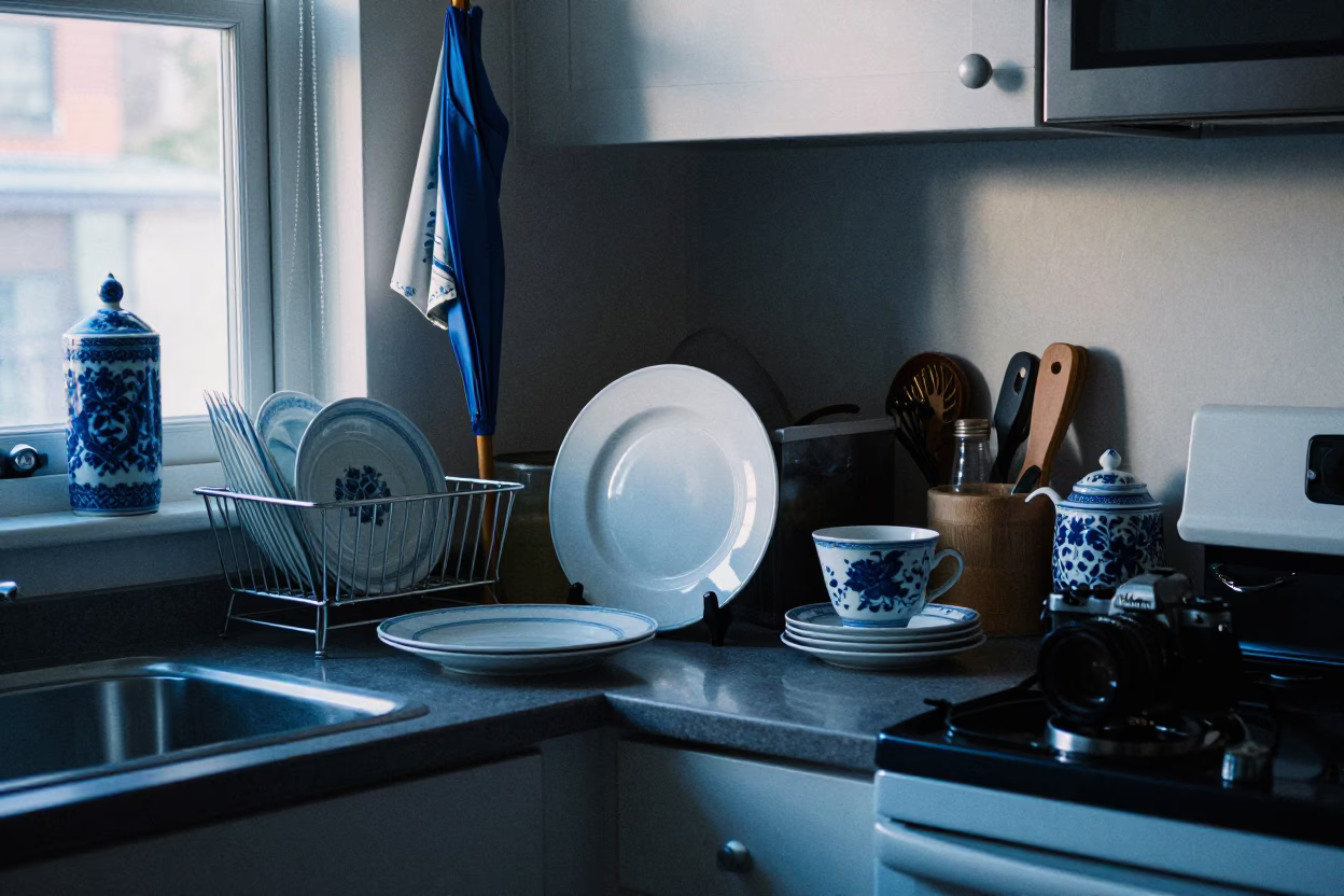 Busy Seattle Kitchen Morning with Blue Porcelain and Umbrella Stand in in Seattle, Washington, United States