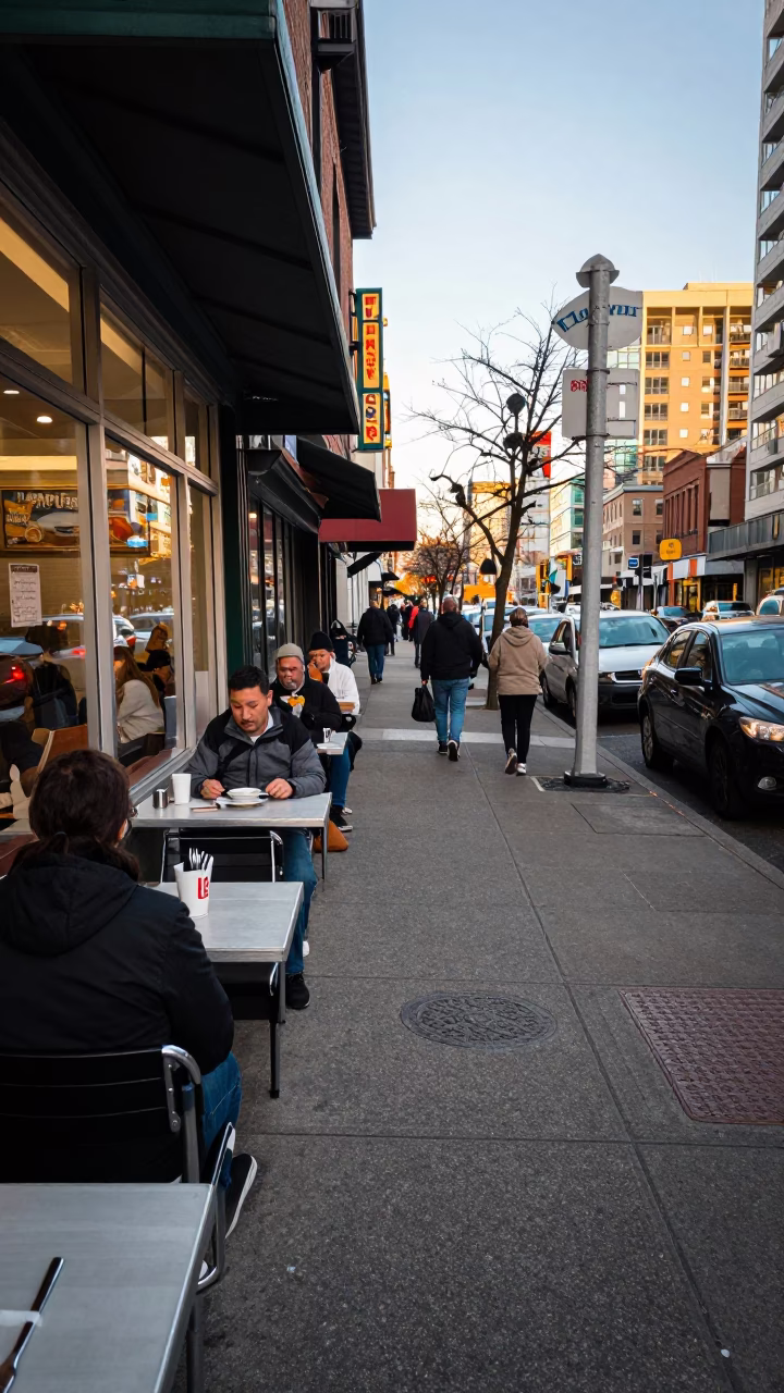 Busy Seattle Late Afternoon Street Scene with Cutlery and Smudges on Window Sill in in Seattle, Washington, United States