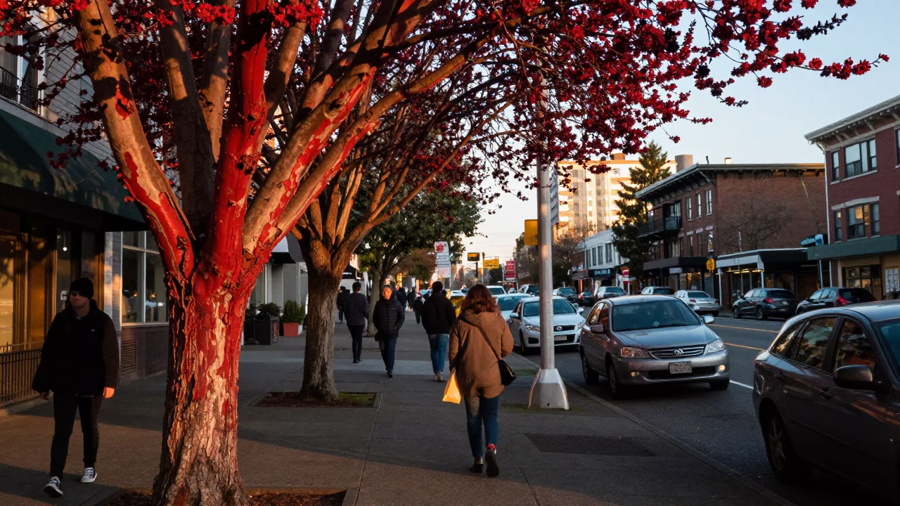 Busy Seattle Late Afternoon Street Scene with Madrone Tree and Water Tower in in Seattle, Washington, United States