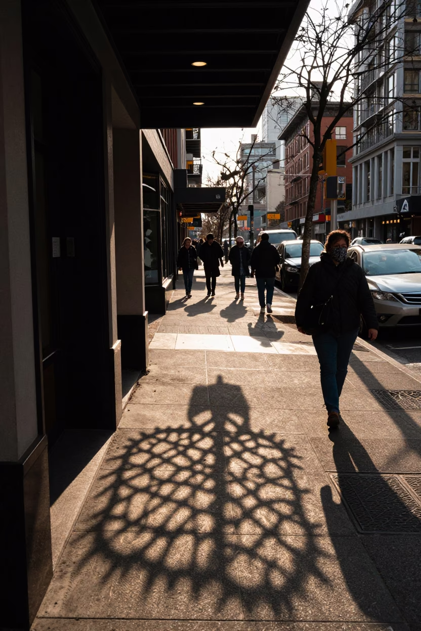 Busy Seattle Late Afternoon Street Scene with Wicker Shadow and Urban Details in in Seattle, Washington, United States