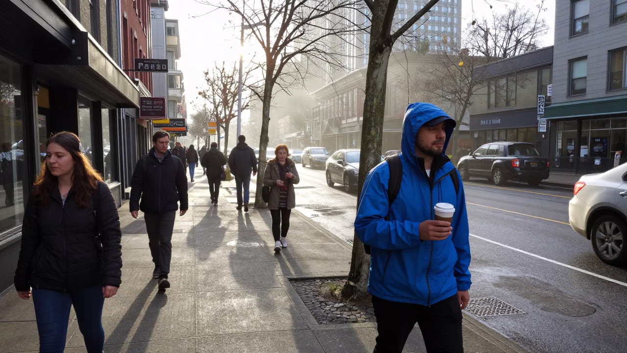 Busy Seattle Late Morning Street Scene with Condensation and Casual Elements in in Seattle, Washington, United States