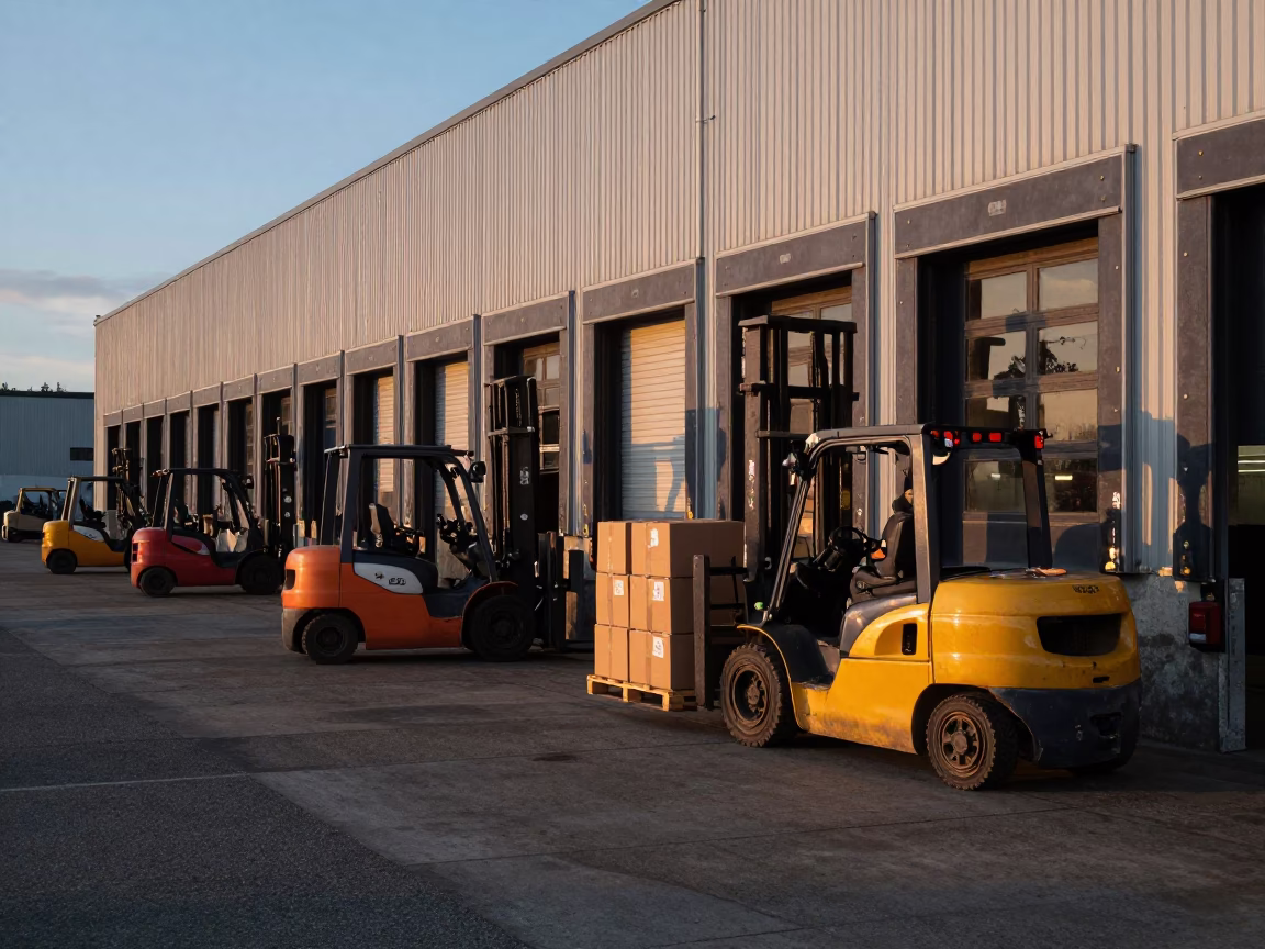 Busy Seattle Loading Dock at Early Evening with Forklifts and Pallets in in Seattle, Washington, United States