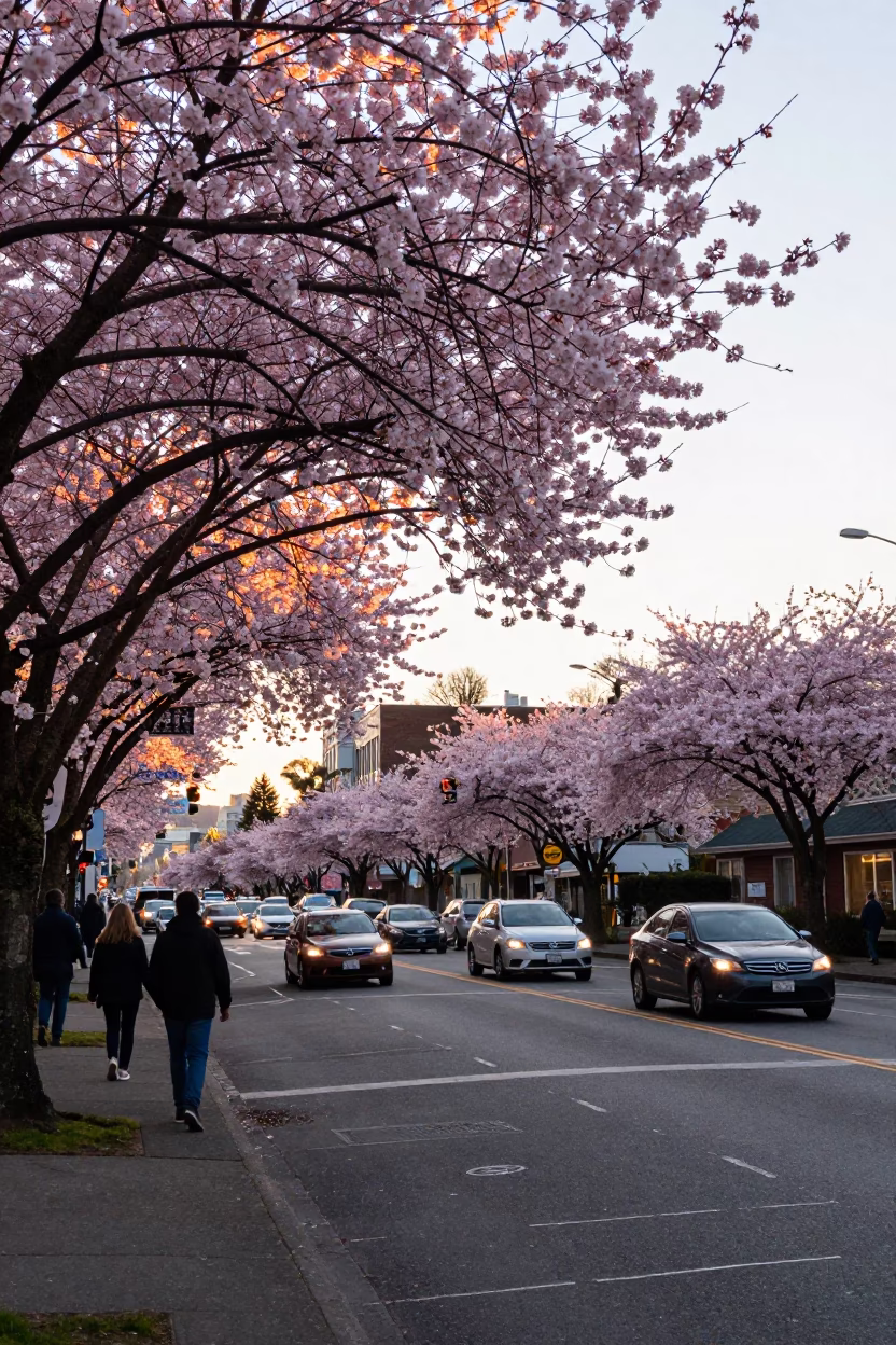 Busy Seattle Street Corner After Sunrise with Cherry Trees and Commuters in in Seattle, Washington, United States