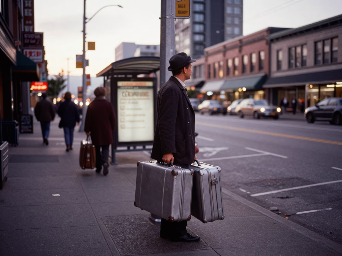 Busy Seattle Street Corner at Dawn with Suitcases and Umbrellas in in Seattle, Washington, United States