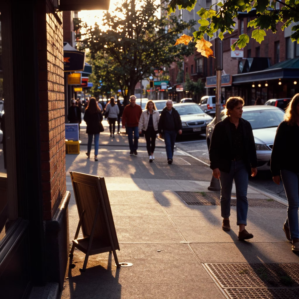 Busy Seattle Street Corner at Golden Hour with Umbrella Stand and Leaf Shadows in in Seattle, Washington, United States