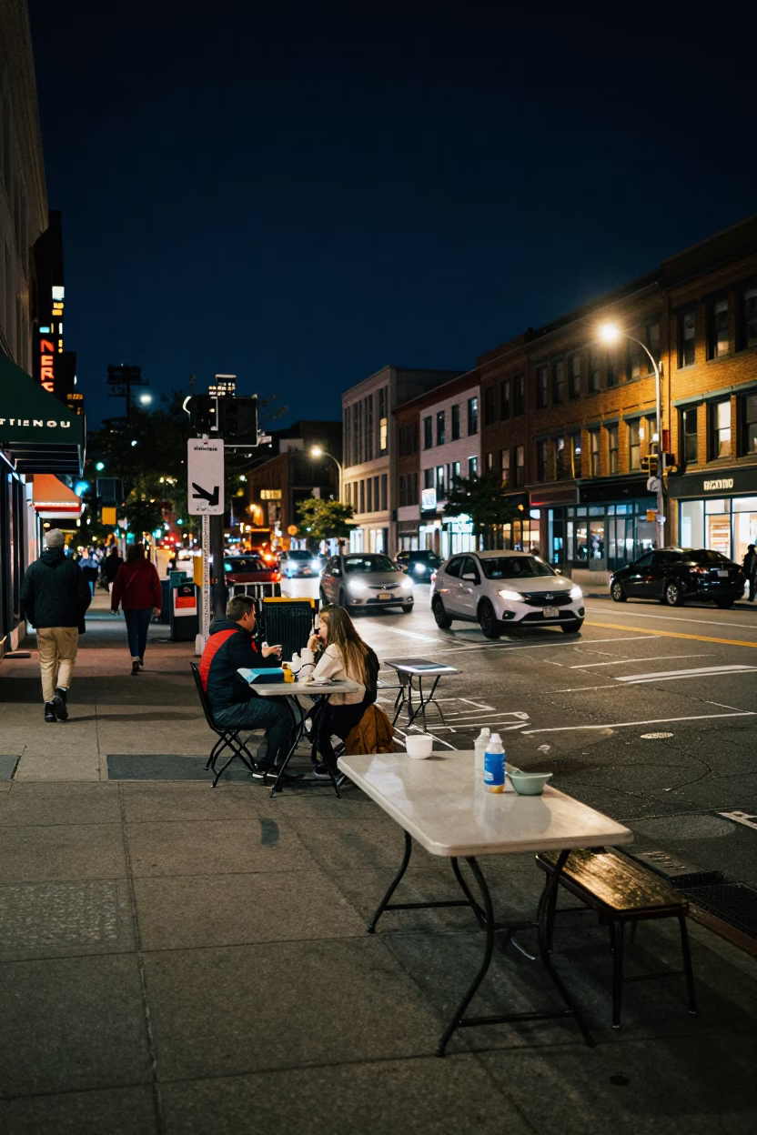 Busy Seattle Street Corner at Night with Folding Tables and Urban Life in in Seattle, Washington, United States