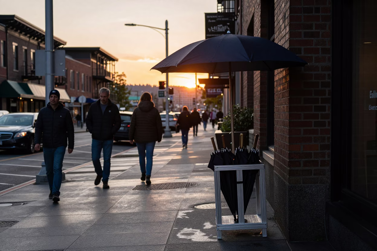 Busy Seattle Street Corner at Sunset with Umbrella Stand and Coffee Cup in in Seattle, Washington, United States