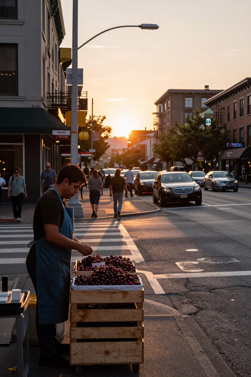 Busy Seattle Street Corner at Sunset with Vintage Details and Local Life in in Seattle, Washington, United States