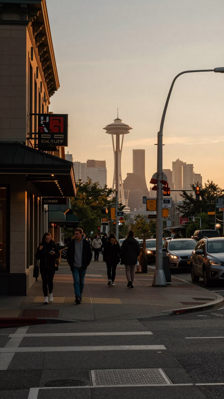 Busy Seattle Street Corner Evening Light with Coffee Pot and Urban Details in in Seattle, Washington, United States