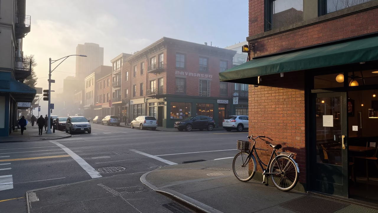 Busy Seattle Street Corner in Early Morning Light with Vintage Bicycle and Glass Jar in in Seattle, Washington, United States