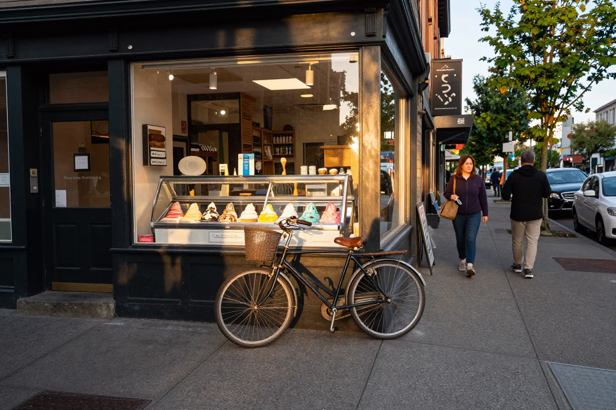 Busy Seattle Street Corner Late Afternoon with Vintage Bicycle and Shop Window Display in in Seattle, Washington, United States