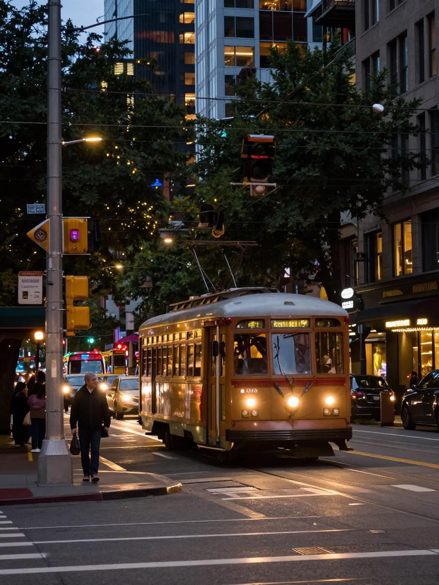 Busy Seattle Street Corner with Tramcar and City Lights at Dusk in in Seattle, Washington, United States