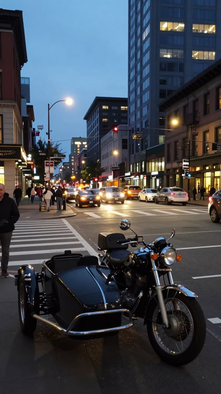 Busy Seattle Street Scene at Dusk with Vintage Motorcycle and City Lights in in Seattle, Washington, United States