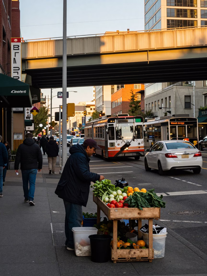 Busy Seattle street scene at golden hour with overpass and funicular in background in in Seattle, Washington, United States