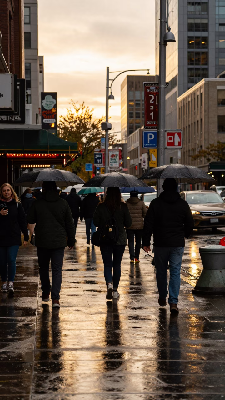 Busy Seattle Street Scene at Golden Hour with Umbrellas and Urban Architecture in in Seattle, Washington, United States