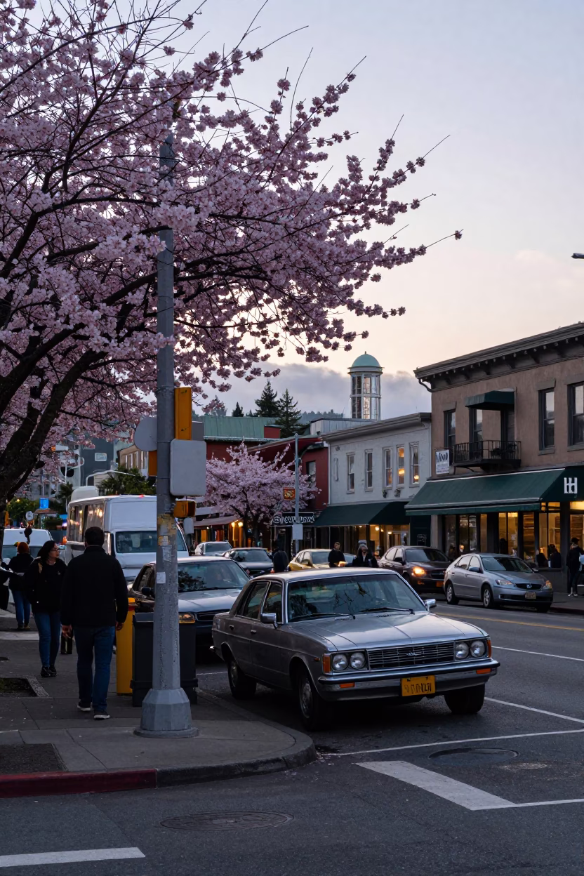 Busy Seattle Street Scene at Nautical Dawn with Cherry Blossoms and Vintage Automobile in in Seattle, Washington, United States