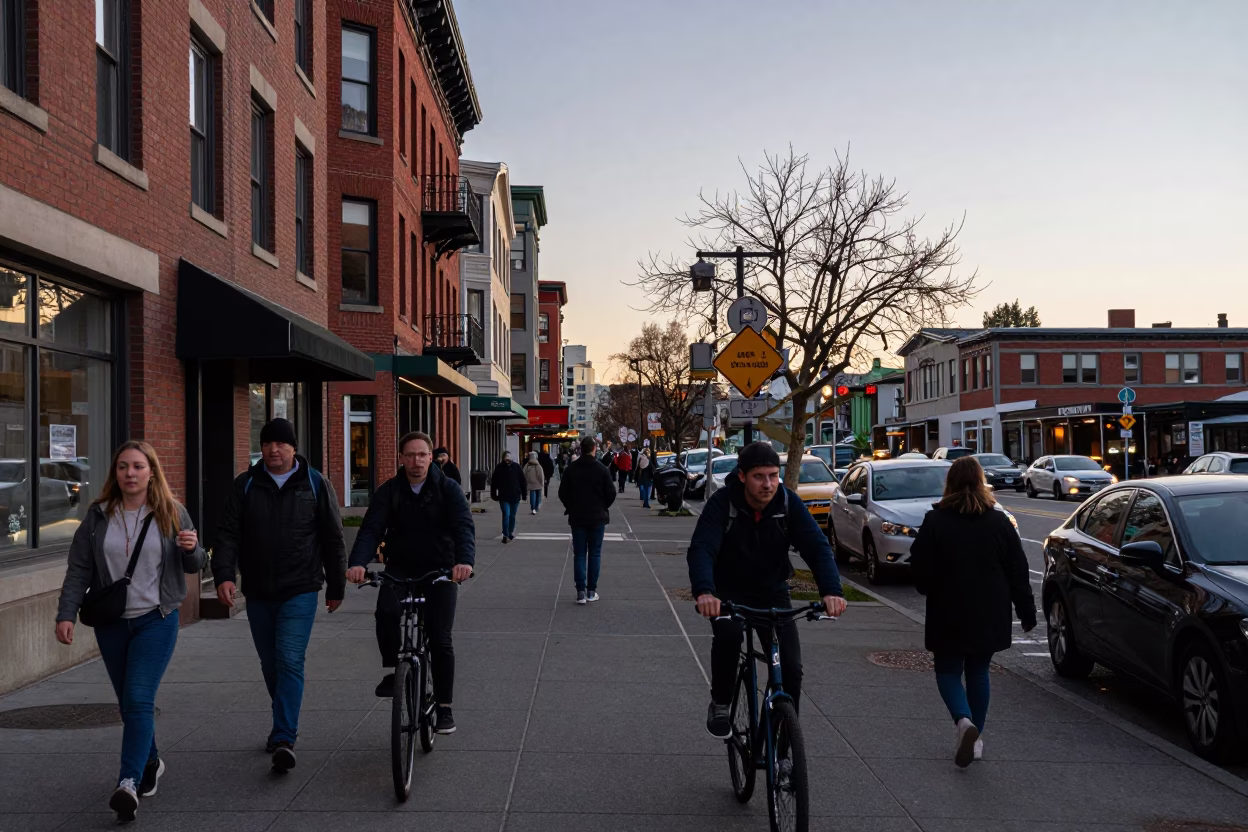 Busy Seattle Street Scene at Nautical Dawn with Commuters and Urban Infrastructure in in Seattle, Washington, United States