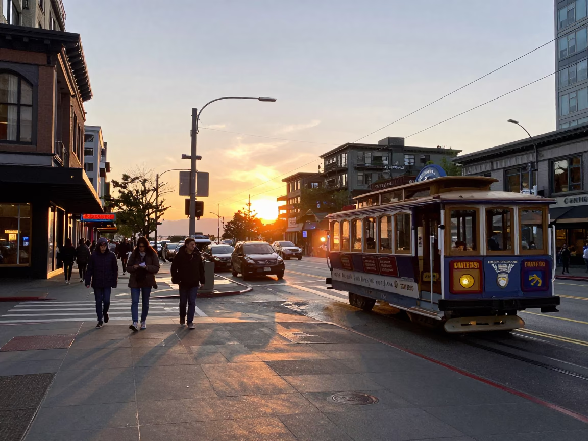 Busy Seattle Street Scene at Sunset with Cable Car and Local Life in in Seattle, Washington, United States