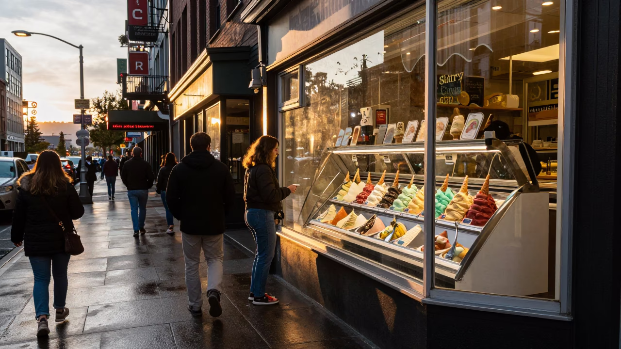 Busy Seattle Street Scene at Sunset with Gelato Display and Potted Plants in in Seattle, Washington, United States