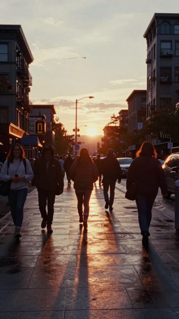 Busy Seattle Street Scene at Sunset with Rain Boots and Newspaper Stack in in Seattle, Washington, United States