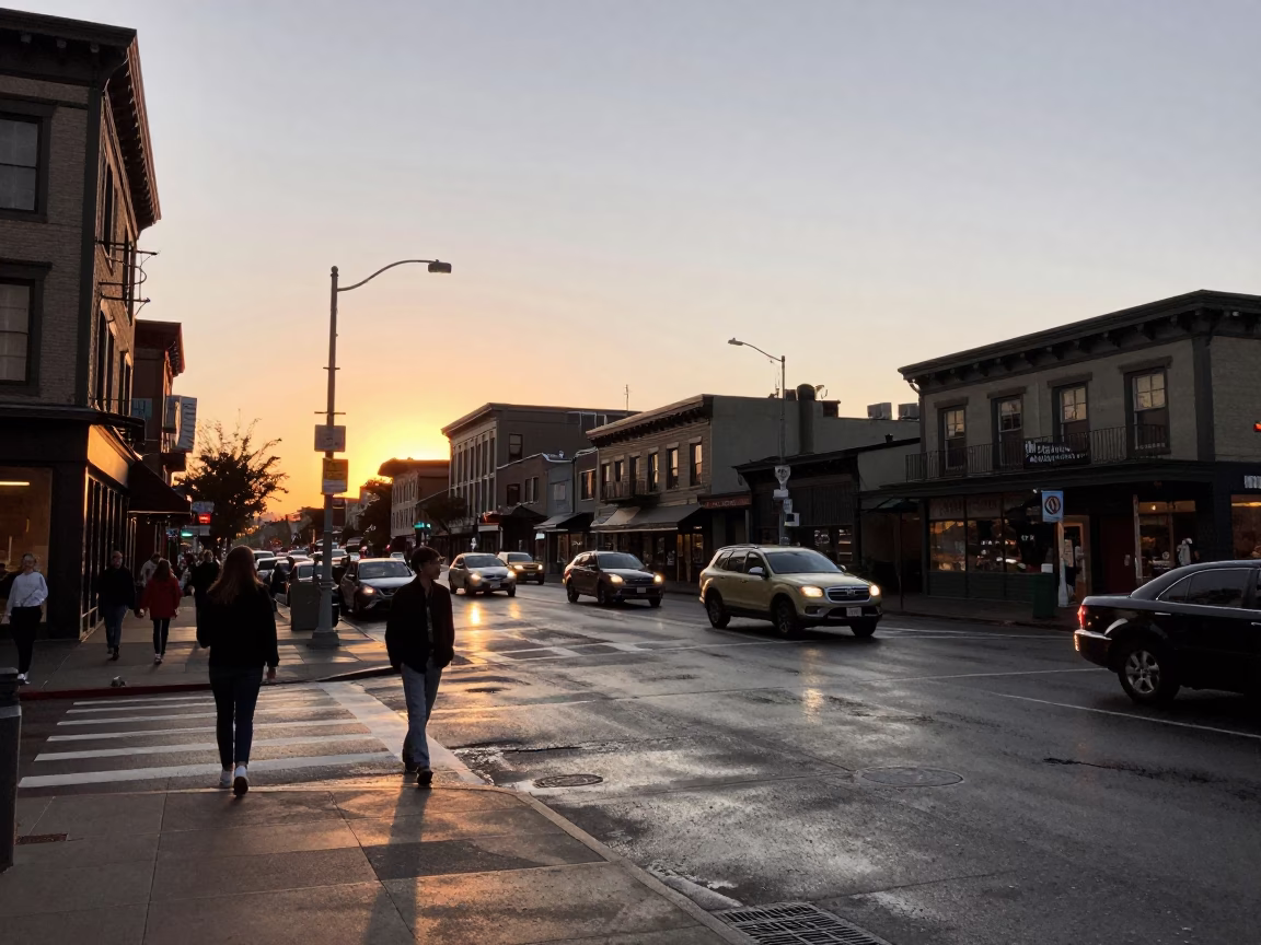 Busy Seattle Street Scene at Sunset with Vintage 1960s Atmosphere and Urban Details in in Seattle, Washington, United States