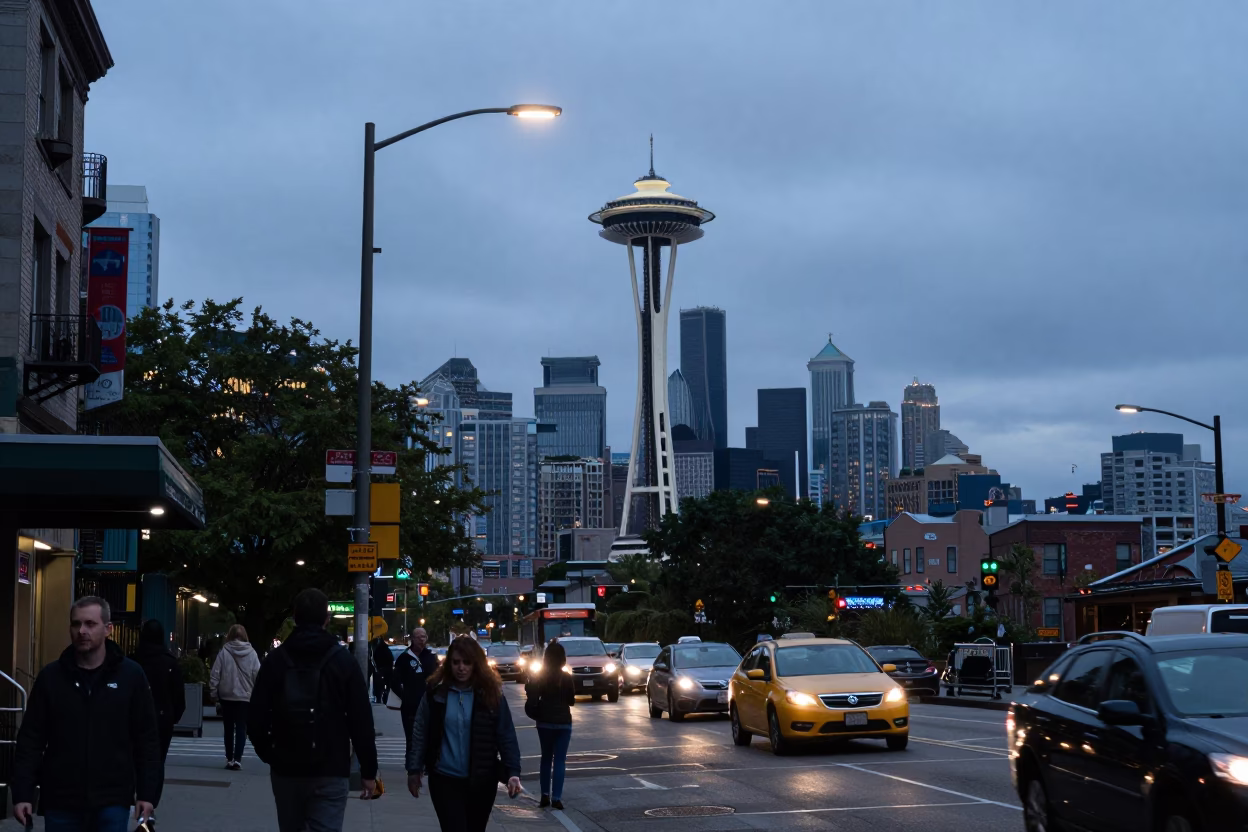 Busy Seattle Street Scene at Twilight with Urban Details and Local Activity in in Seattle, Washington, United States