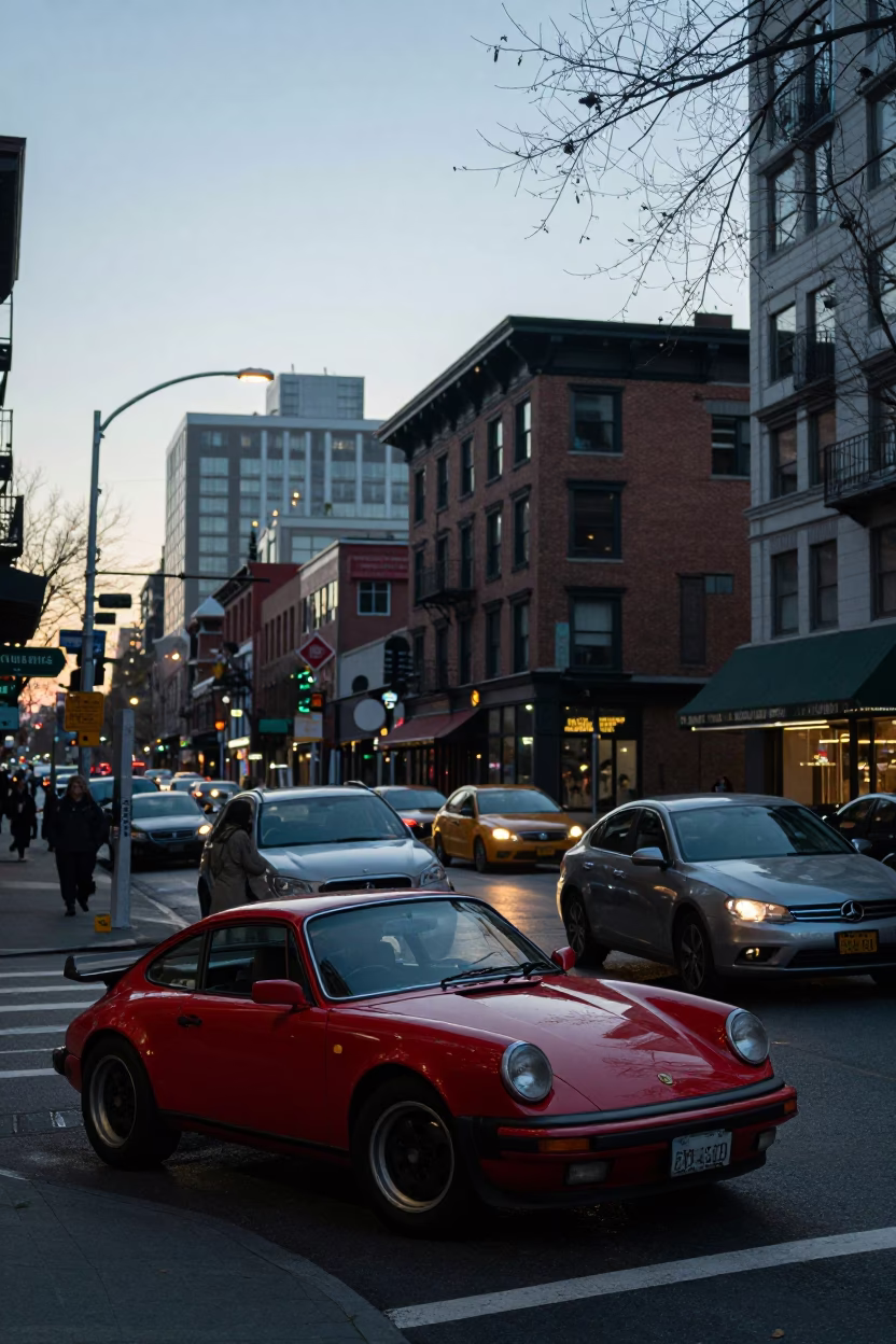 Busy Seattle Street Scene Before Sunrise with Vintage Red Sports Car and Local Pedestrians in in Seattle, Washington, United States