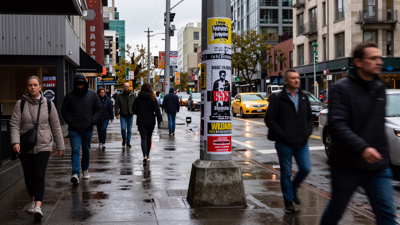 Busy Seattle Street Scene Early Afternoon with Pedestrians and Urban Infrastructure in in Seattle, Washington, United States