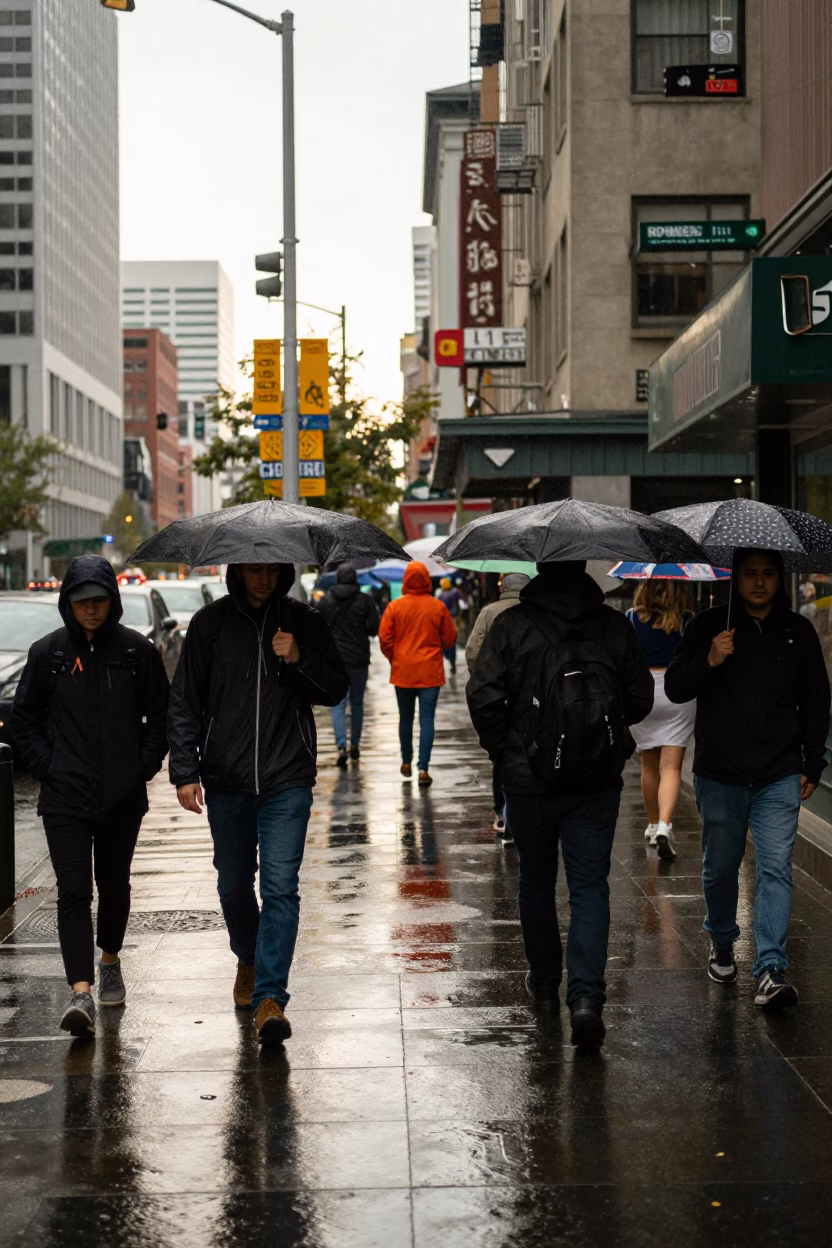 Busy Seattle Street Scene Early Afternoon with Rain Gear and Coffee in in Seattle, Washington, United States