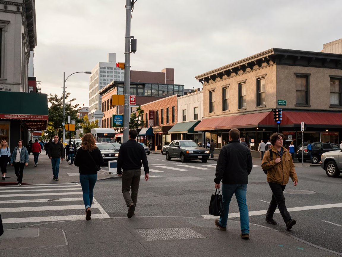 Busy Seattle Street Scene Early Afternoon with Vintage 1980s Atmosphere and Local Urban Details in in Seattle, Washington, United States