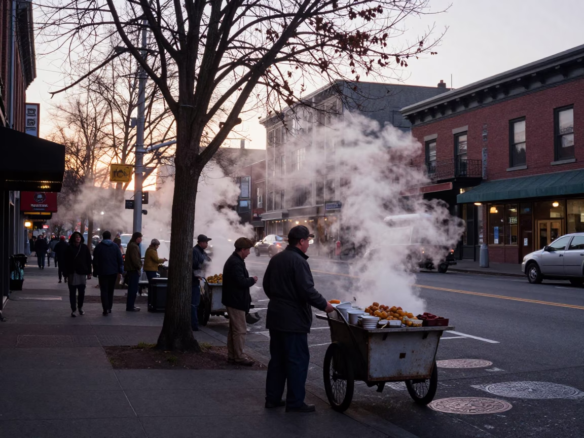 Busy Seattle Street Scene Early Evening 1950s with Steam and Activity in in Seattle, Washington, United States