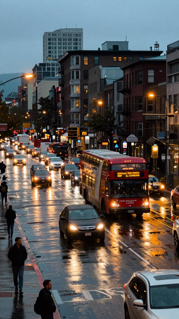 Busy Seattle Street Scene Early Evening with Double-Decker Bus and Rain in in Seattle, Washington, United States
