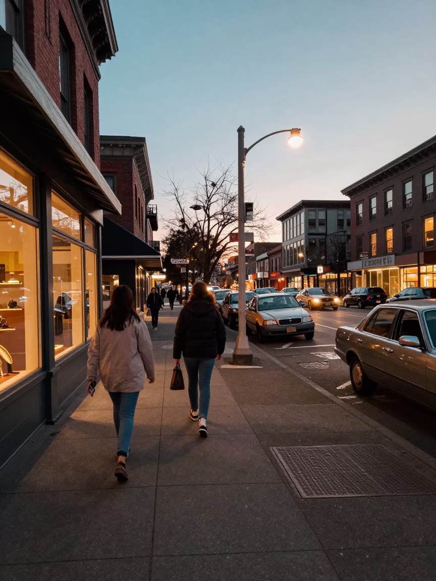 Busy Seattle Street Scene Early Evening with Vintage 1960s Atmosphere and Local Details in in Seattle, Washington, United States
