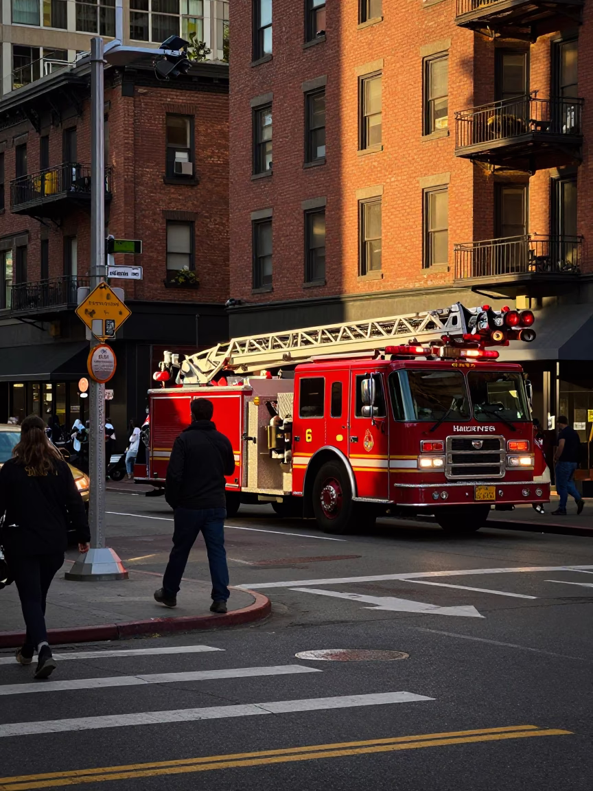 Busy Seattle Street Scene in Honeyed Evening Light with Fire Engine and Local Activity in in Seattle, Washington, United States