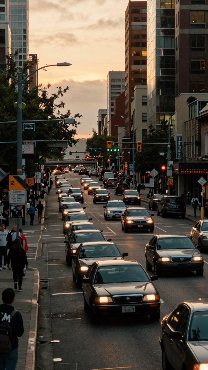 Busy Seattle Street Scene in Honeyed Evening Light with Vintage Cars and Pedestrians in in Seattle, Washington, United States
