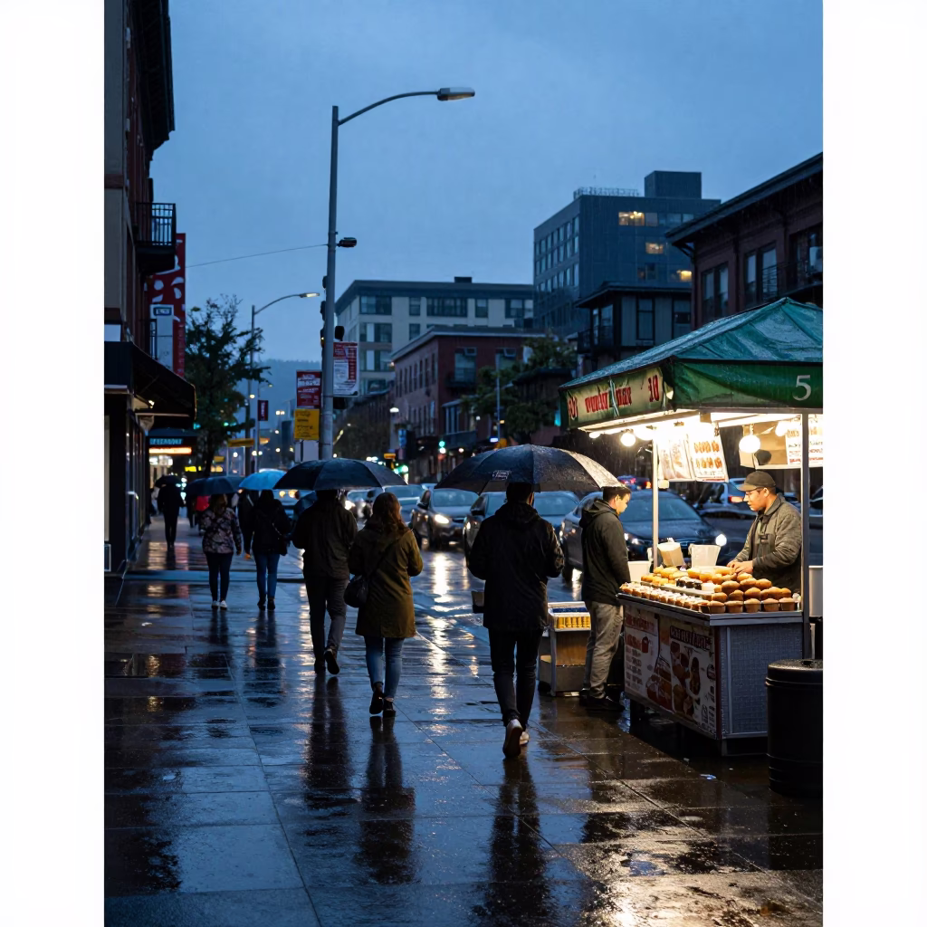 Busy Seattle Street Scene in Indigo Twilight with Rain-Slicked Pavement and Urban Infrastructure in in Seattle, Washington, United States