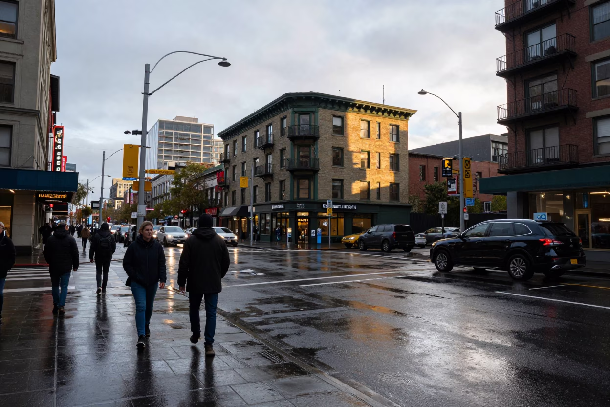 Busy Seattle Street Scene Late Afternoon with Wet Pavement and Urban Details in in Seattle, Washington, United States