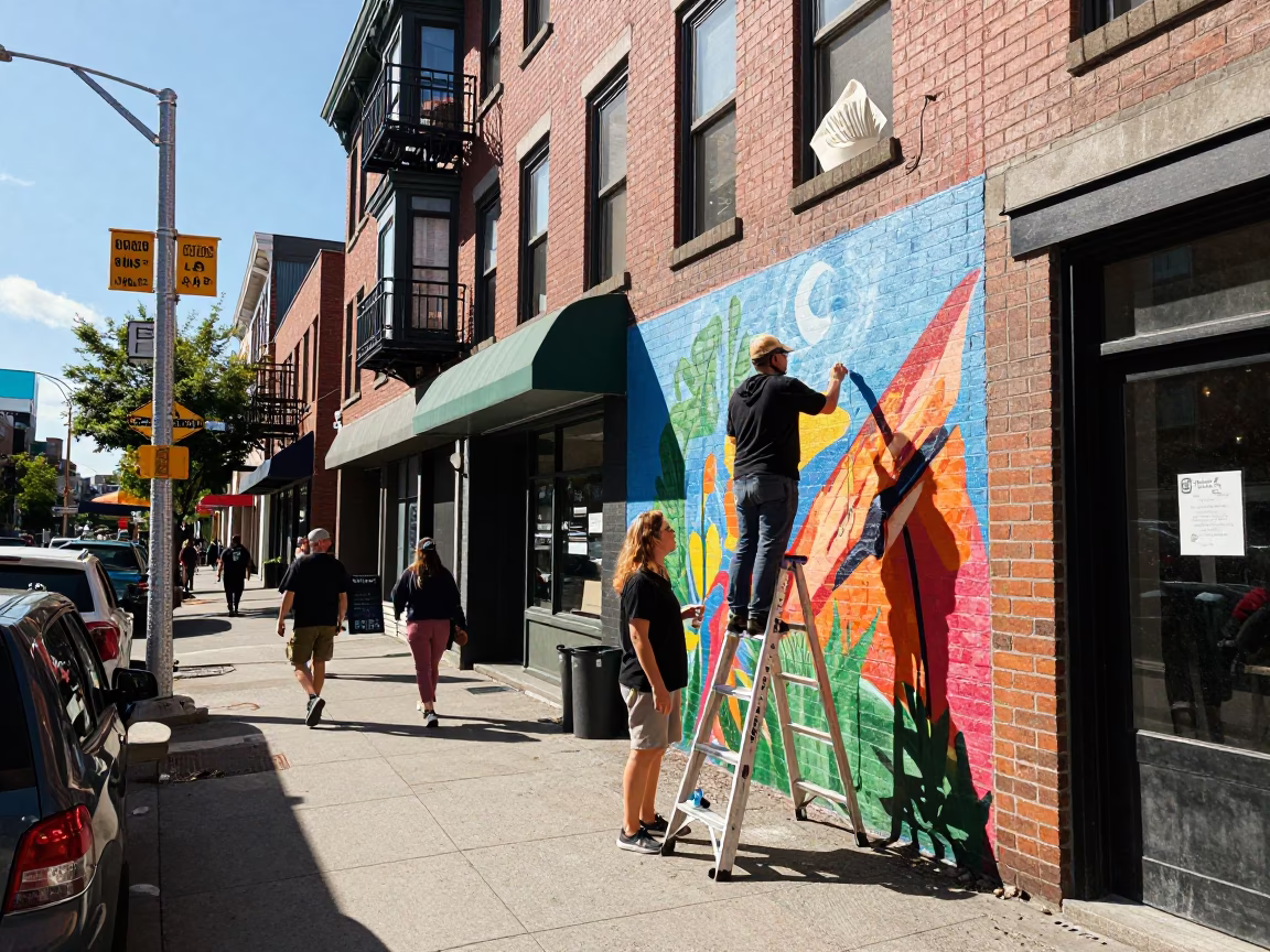 Busy Seattle Street Scene with Artist Painting Mural in Bright Midmorning Light in in Seattle, Washington, United States