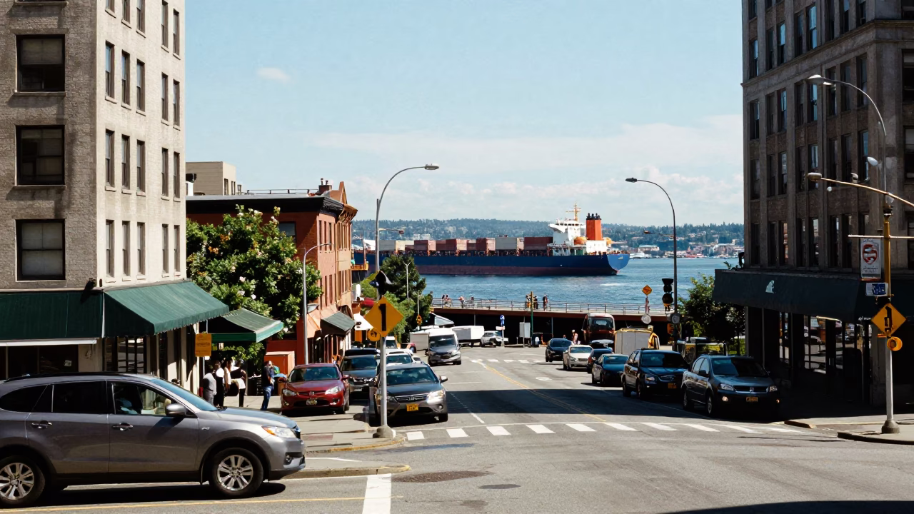 Busy Seattle Street Scene with Cargo Ship and Brutalist Architecture at Midday in in Seattle, Washington, United States